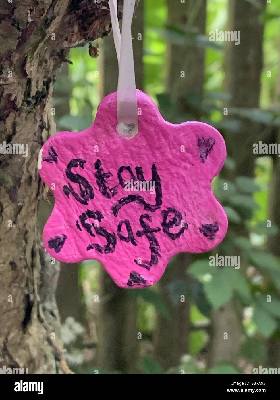 Eine handgefertigte Dekoration, die ‘seinem Baum im Buschy Park hängt, erinnert Besucher an „Sicherheit“ während der Pandemie COVID-19 - Smartphone-aufgenommenes Stockfoto