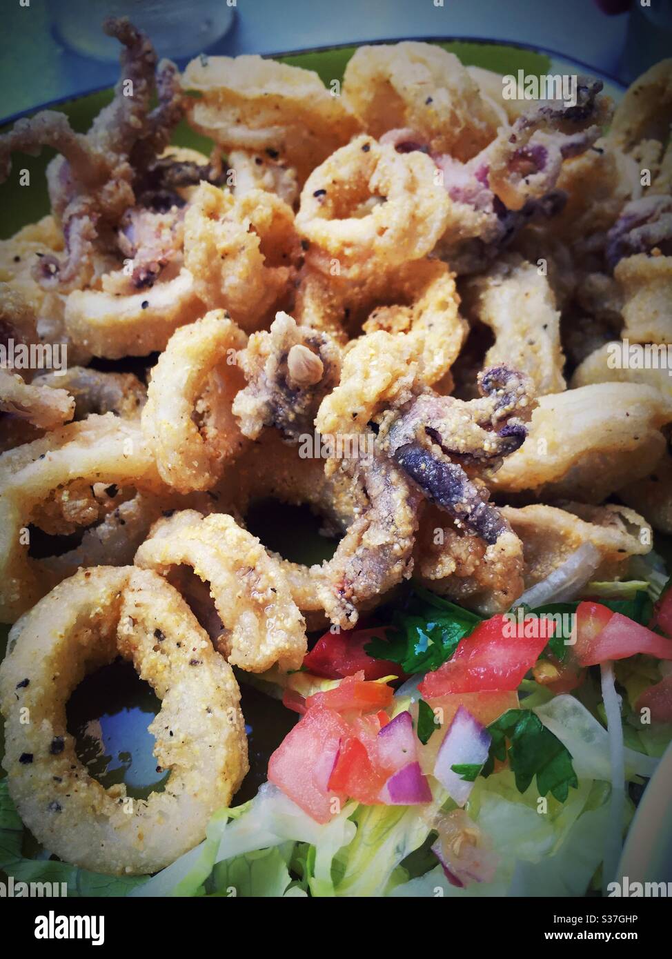 Nahaufnahme eines Vorspeisen aus gebratenem Calamari Stockfoto