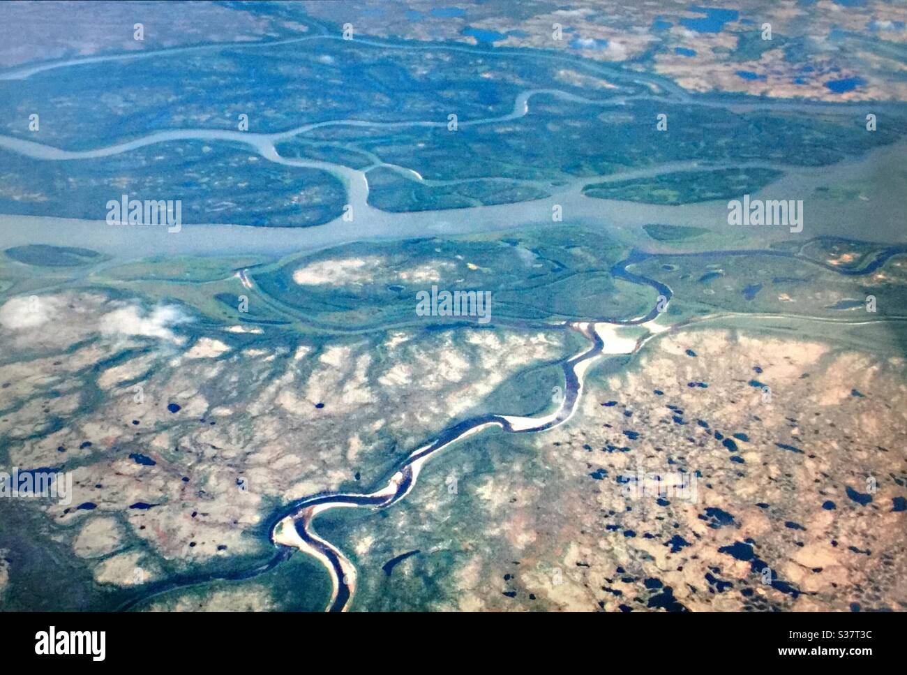 Luftaufnahmen, Churchill, Manitoba, Land, weit nördlich, Churchill River, Hudson Bay, - Smartphone-aufgenommenes Stockfoto