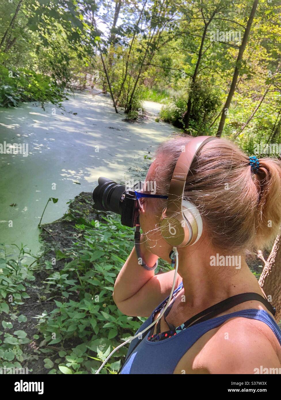 Eine Frau, die ein Foto im Wald gemacht hat. Stockfoto