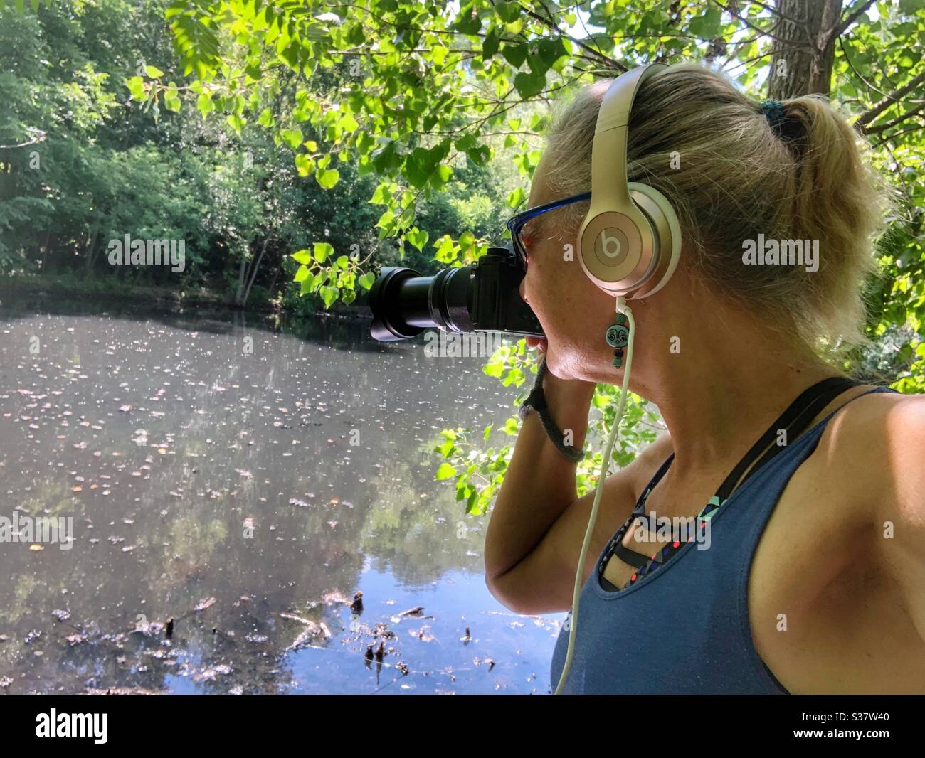Eine Fotografin, die Fotos von der Natur fotografiert. - Smartphone-aufgenommenes Stockfoto