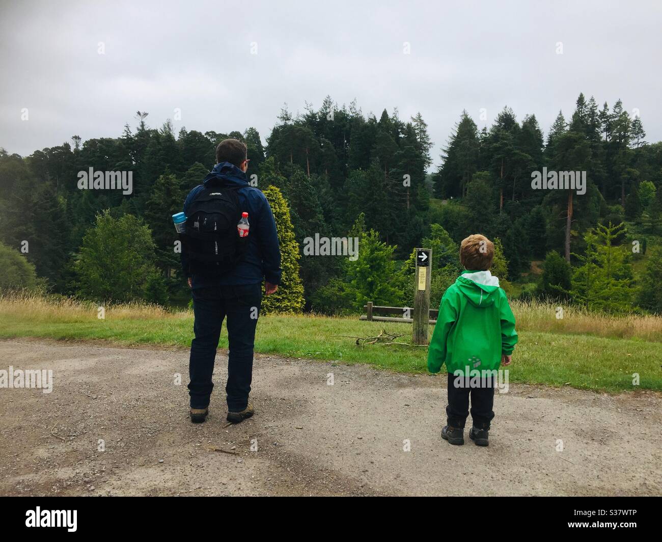 Bedgebury Pinetum Erwachsene und Kleinkinder Blick aus Stockfoto