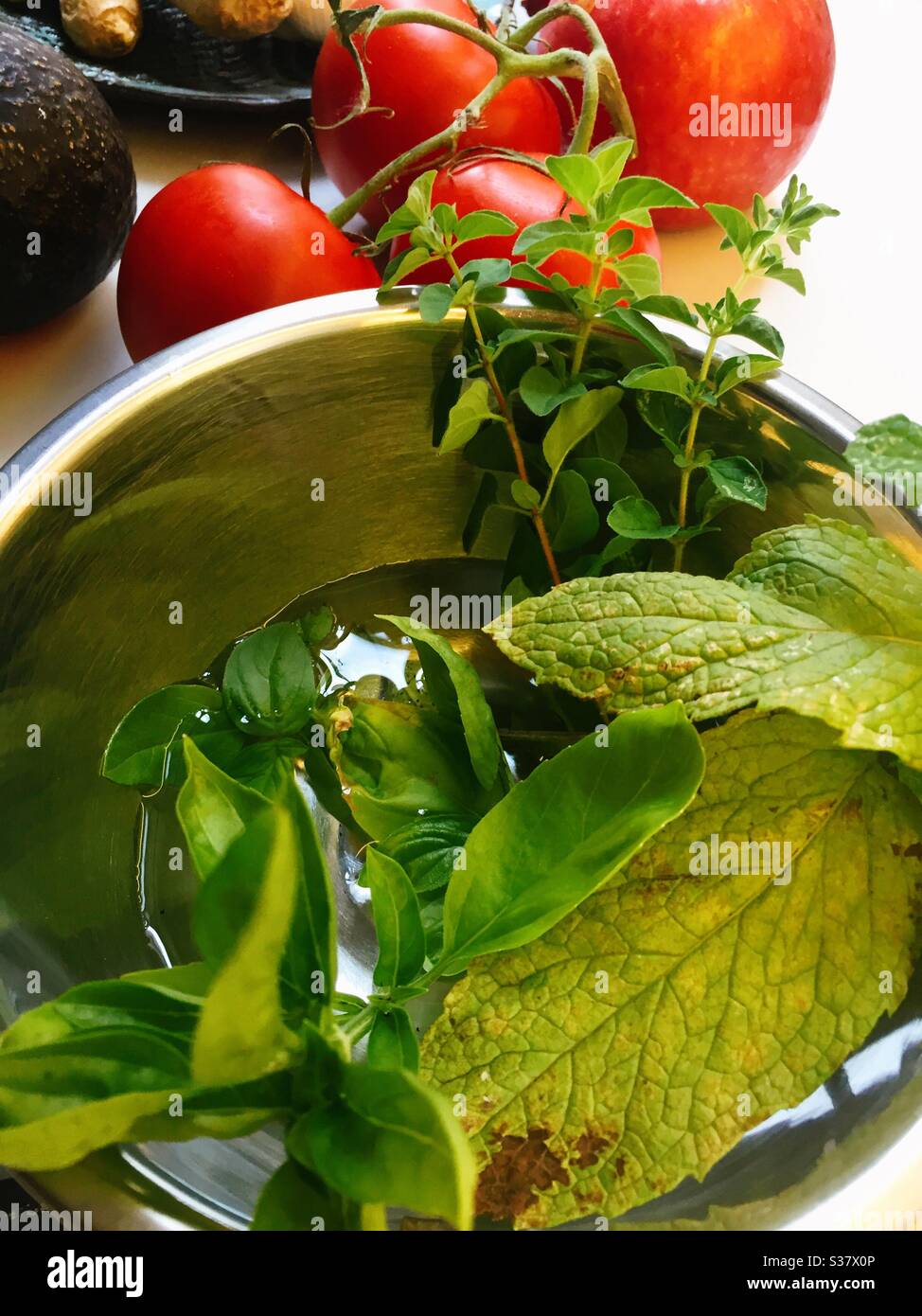 Nahaufnahme einer Metallschüssel gefüllt mit frischer Minze und Oregano neben Rebe reif und Tomaten auf der Küchentheke, USA Stockfoto