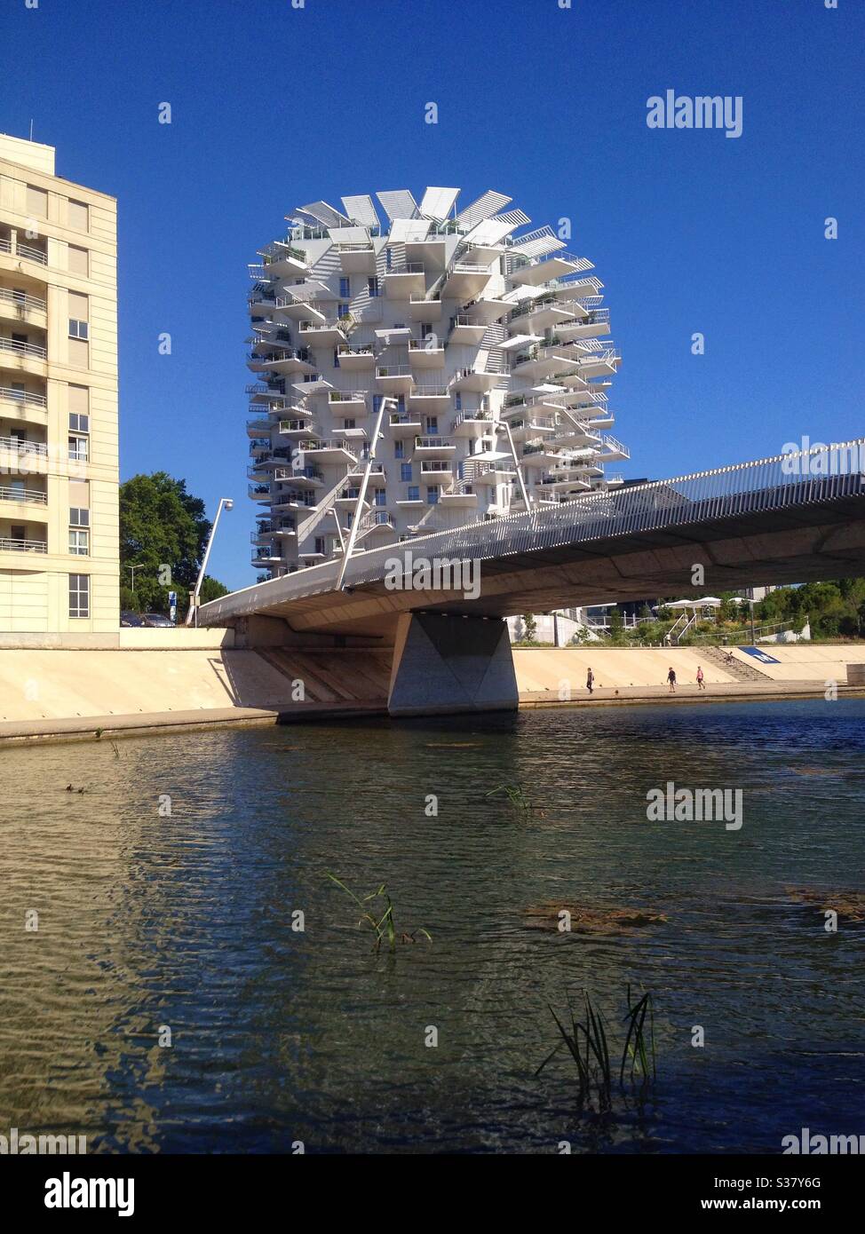 L'Arbre Blanc, Neues modernes Gebäude am Ufer des Flusses Lez, Montpellier Frankreich Stockfoto