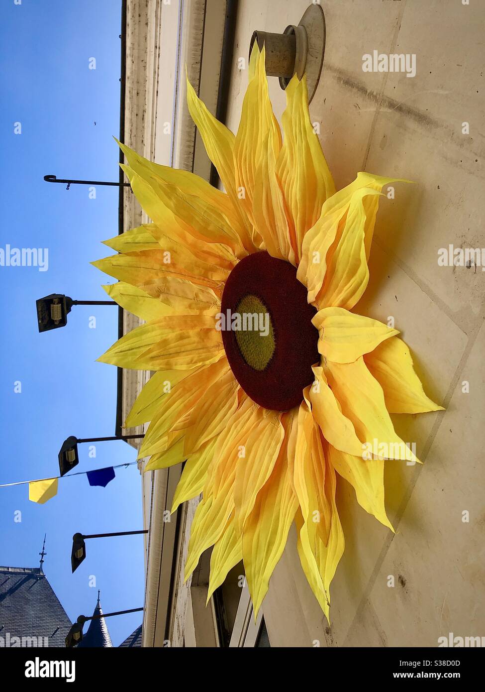 Große Papier Sonnenblumen Dekoration auf der Seite des Gebäudes - Loches, Indre-et-Loire, Frankreich. - Smartphone-aufgenommenes Stockfoto