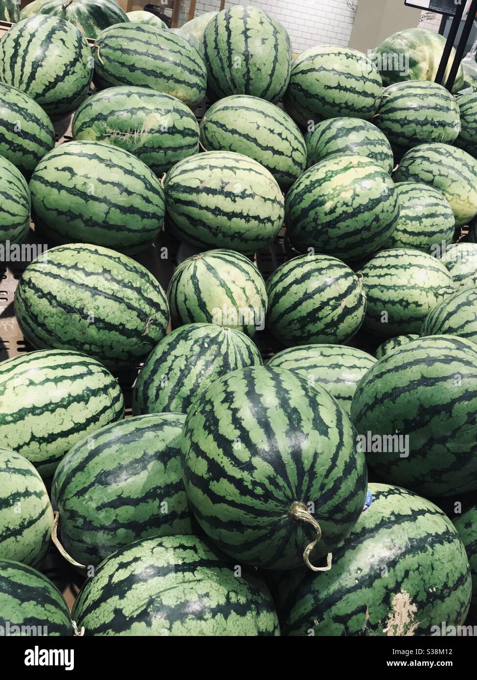 Wassermelone am Marktschalter Stockfoto