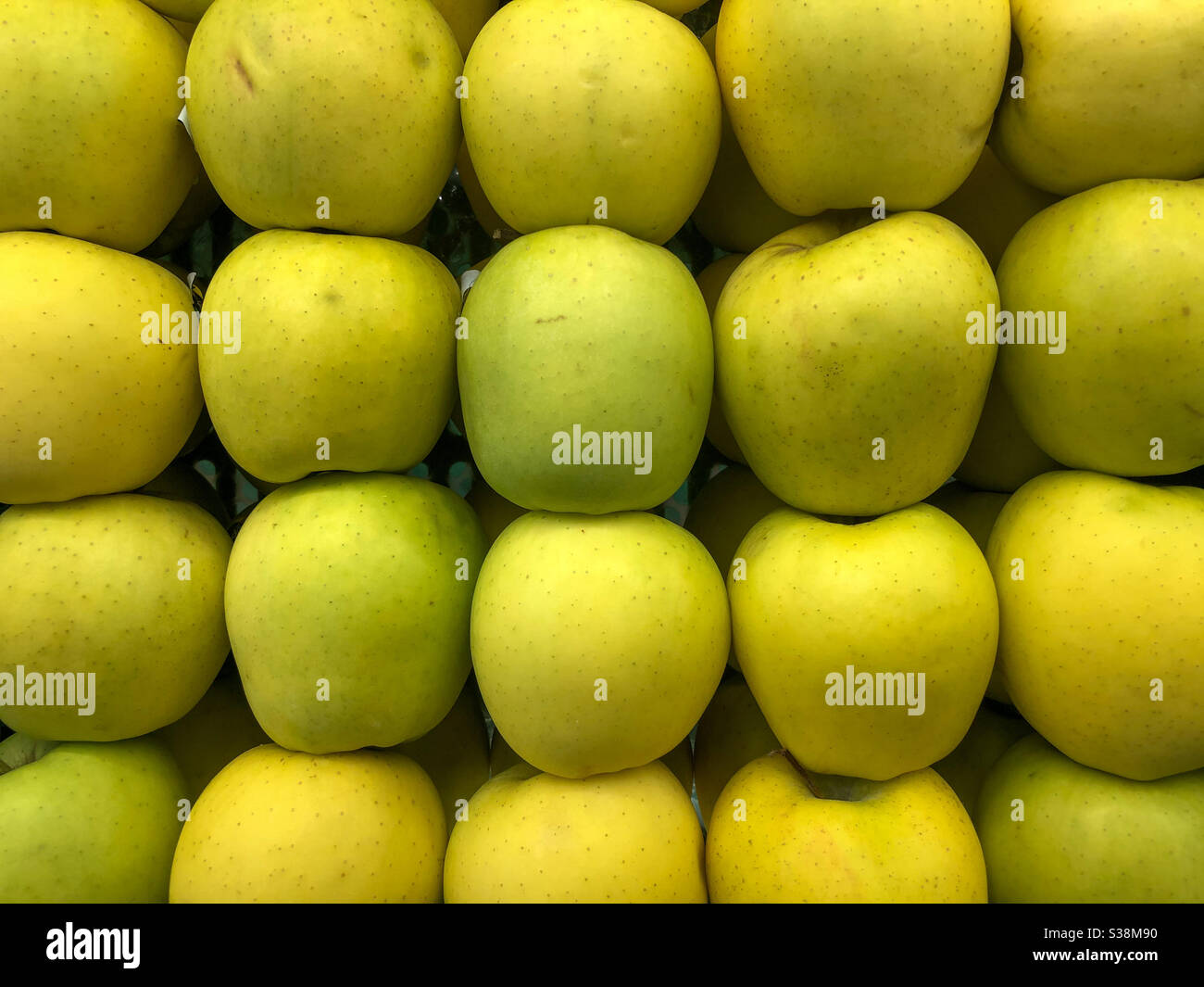 Grüne Äpfel ordentlich in einem Geschäft angeordnet. Stockfoto