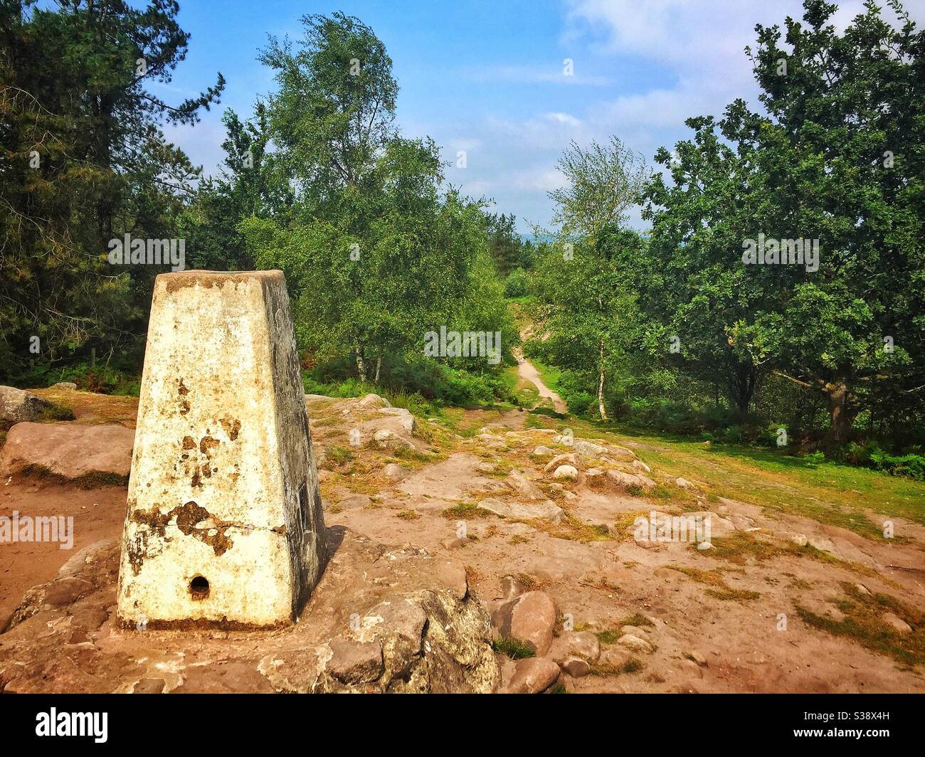 Trig Point im Derbyshire Peak District. Stockfoto