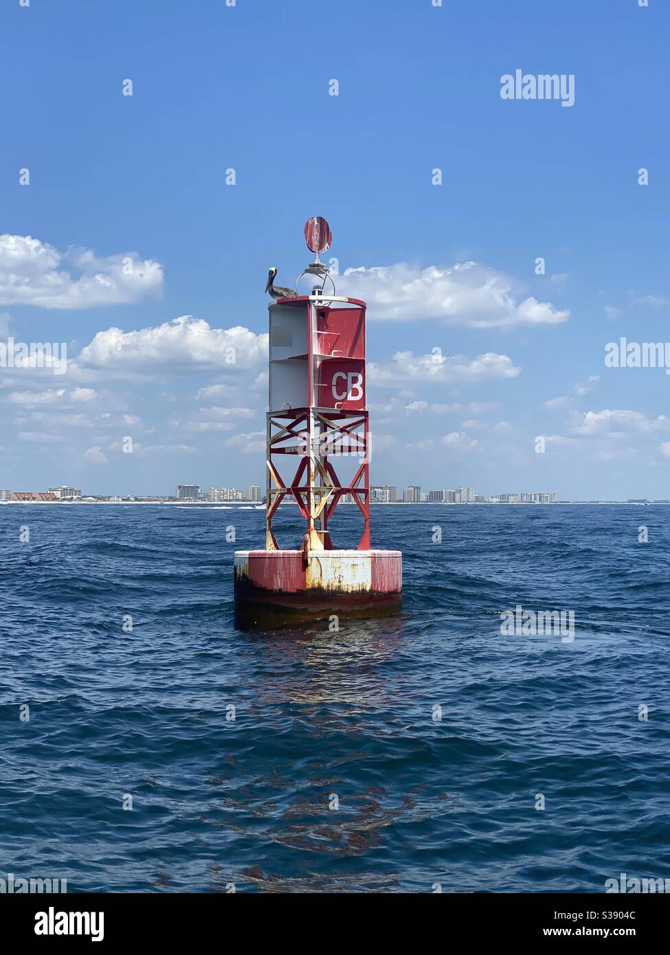 Pelican steht auf einem roten Bootsmarker im Golf Von Mexiko Wasser Stockfoto