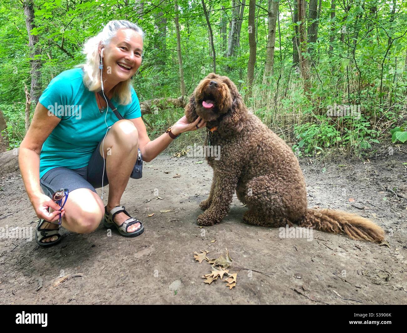 Eine Frau und ein Hund verbinden sich im Park. Stockfoto