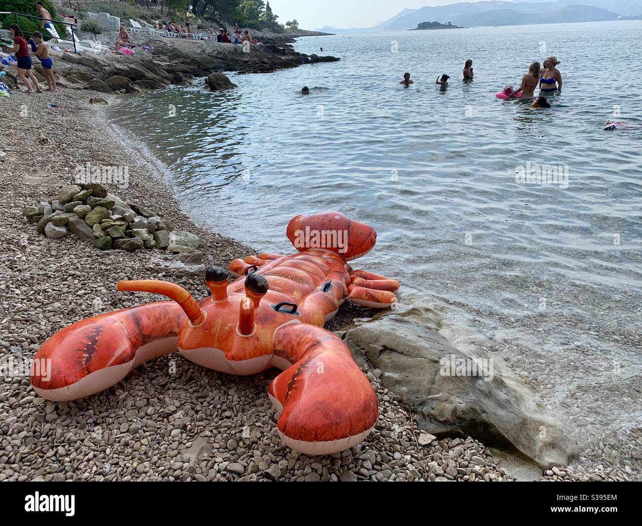 Hummer am Strand von cavtat Kroatien - Smartphone-aufgenommenes Stockfoto