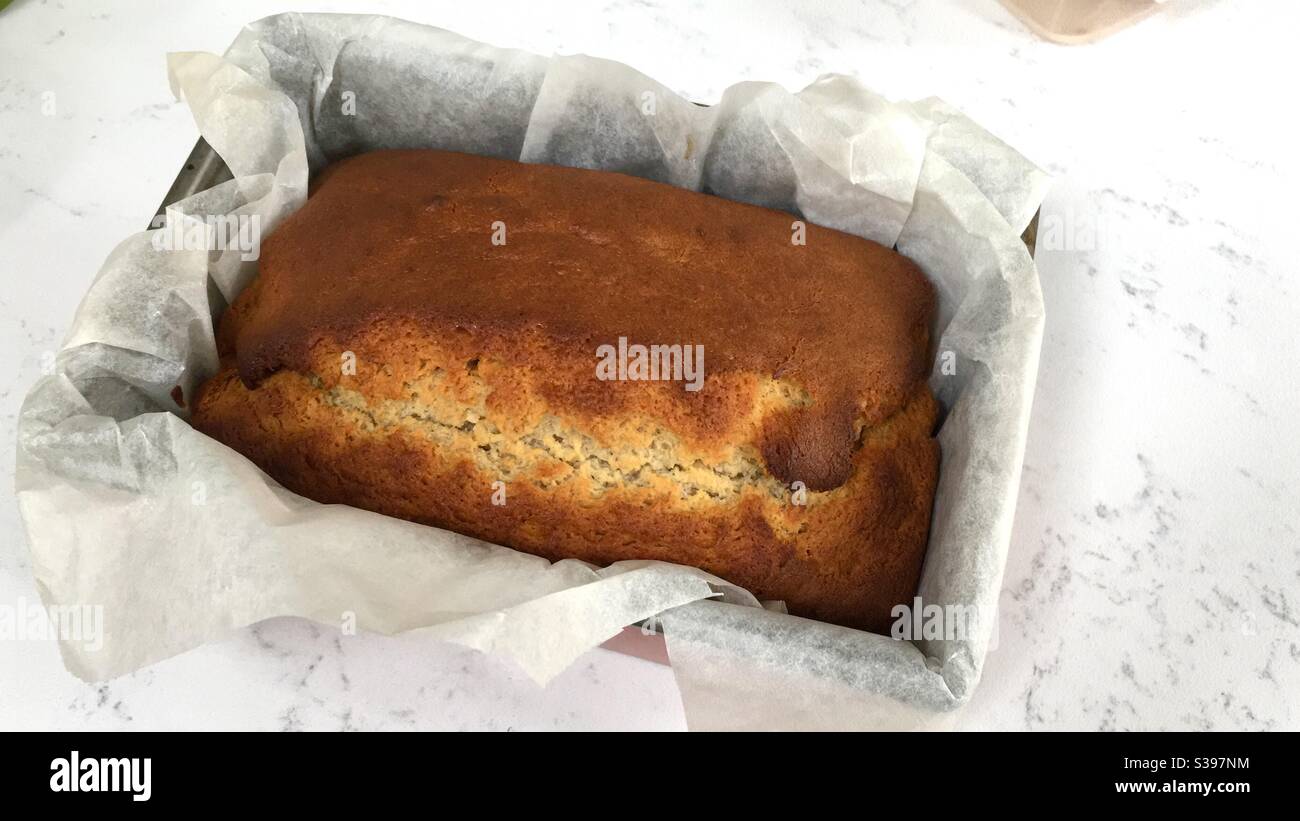 Frisch gebackenes hausgemachtes Bananenbrot in Dose - Smartphone-aufgenommenes Stockfoto