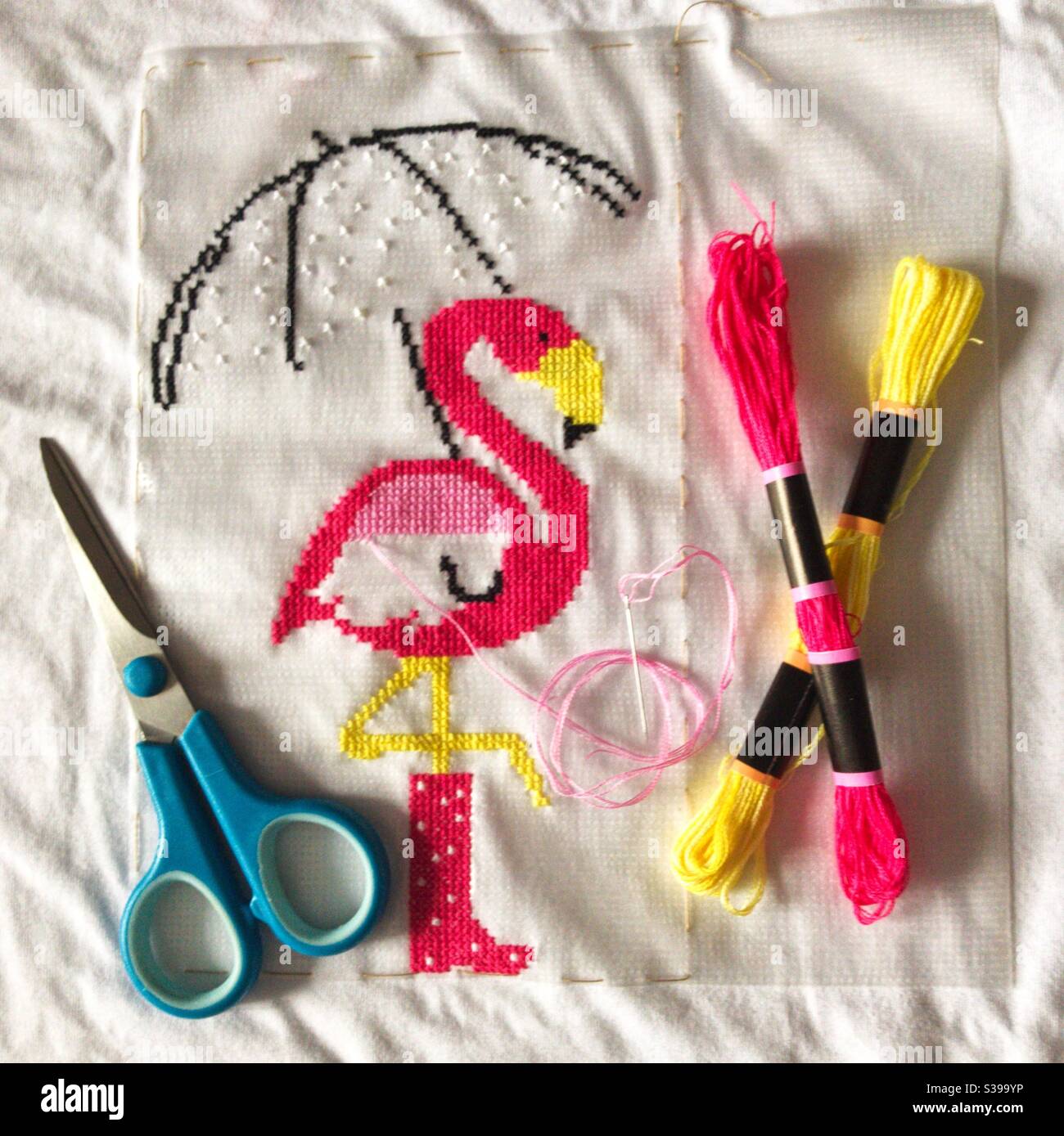 Flamingo-Kreuzstich. - Smartphone-aufgenommenes Stockfoto