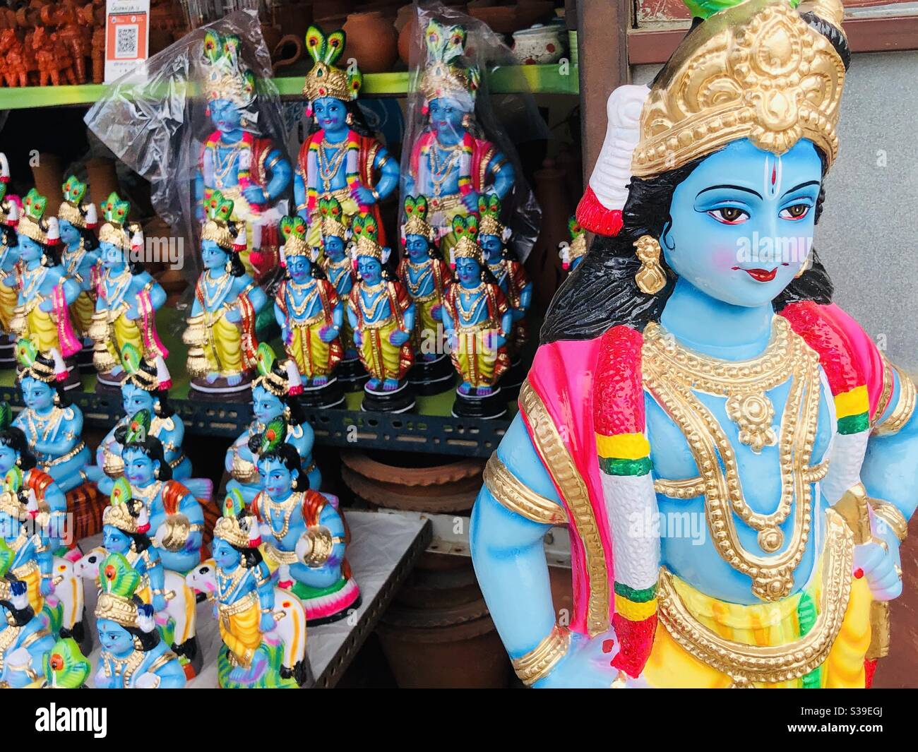 Lord Krishna Statue, Janmashtami, Street Vendor, Chennai, Tamilnadu, Indien Stockfoto