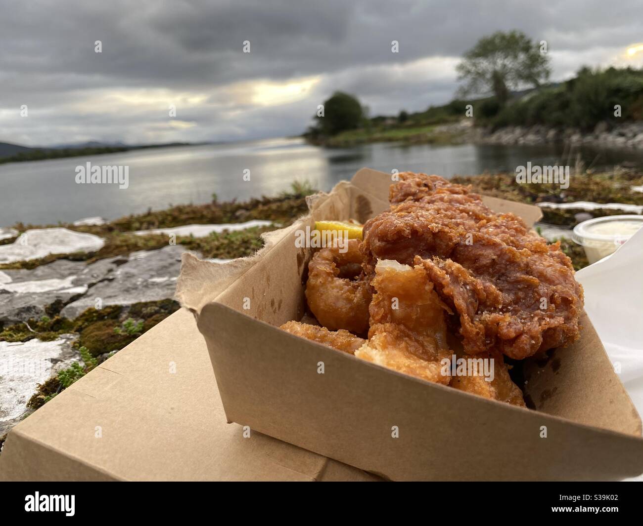 Fisch und Chips von Wharton's Food Truck in Templenoe, County Kerry, Irland auf dem Templenoe Pier abgebildet. - Smartphone-aufgenommenes Stockfoto