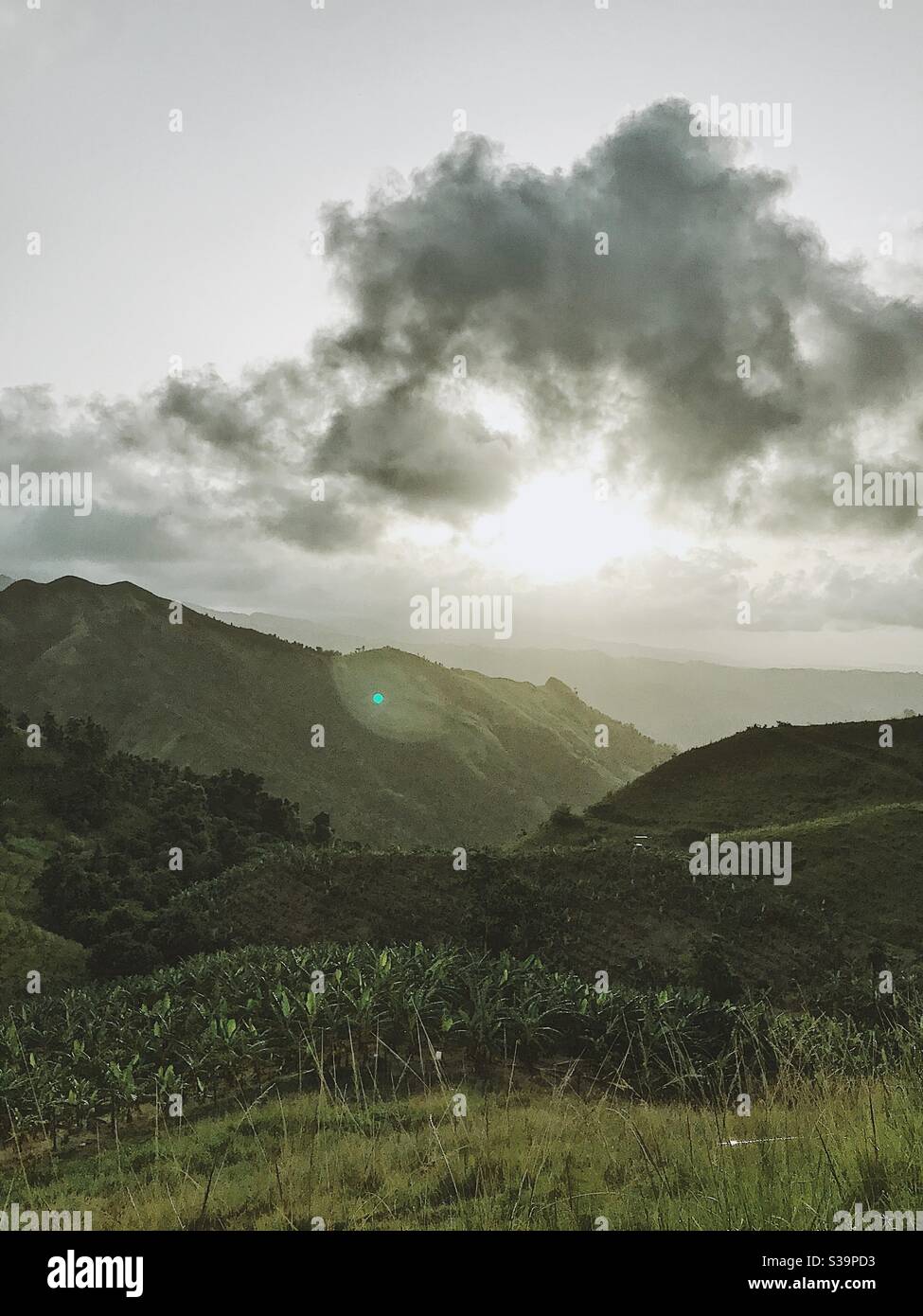 Tal, Berg, Sonnenuntergang, Puerto Rico, Orocovis, Hügel, Tropisch Stockfoto