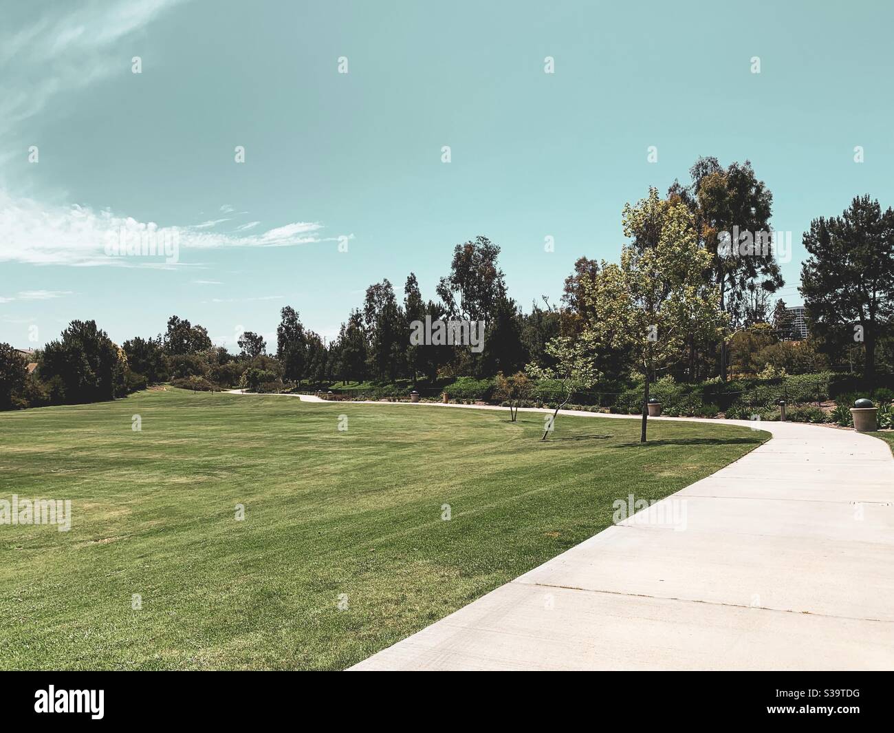 Gepflasterter Weg führt durch gut gepflegt öffentlichen Park. Stockfoto