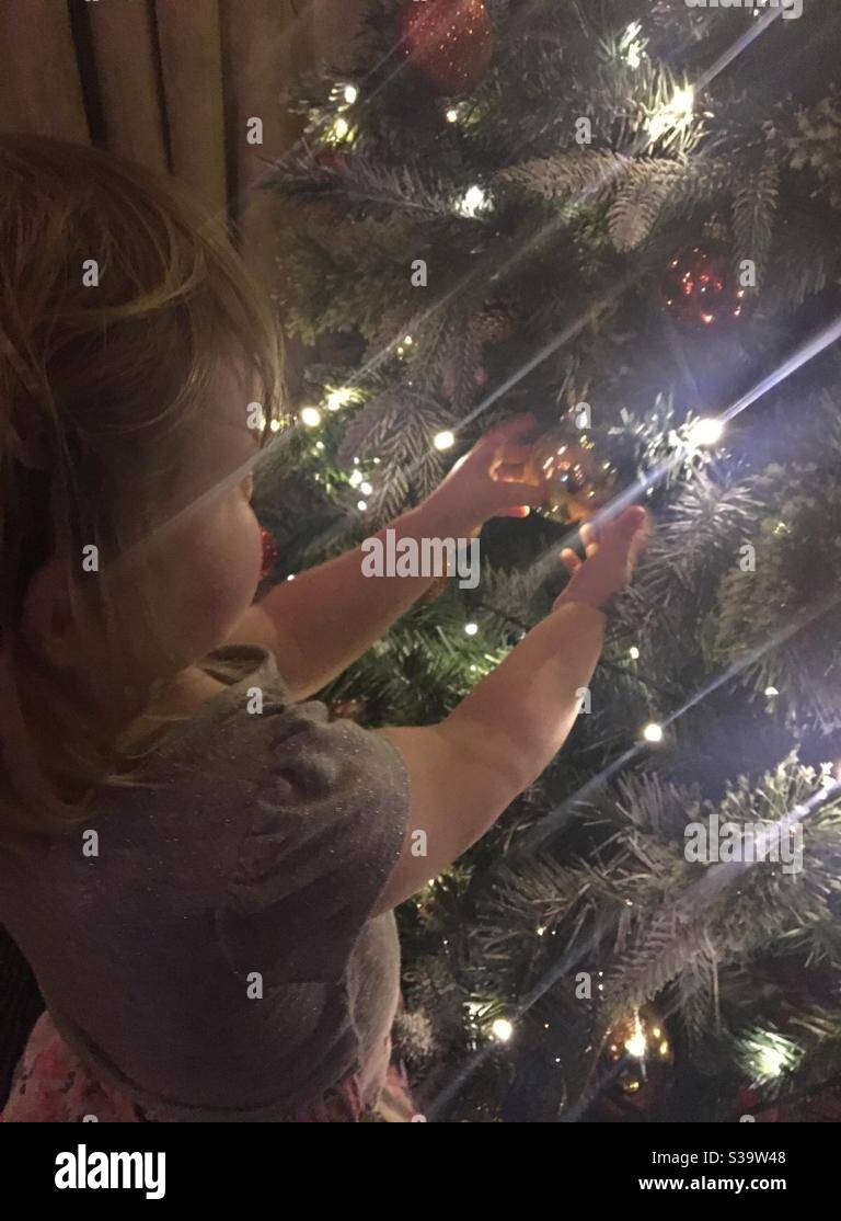 Kleines Mädchen und Weihnachtsbaum, Lichter, Weihnachtszauber Stockfoto