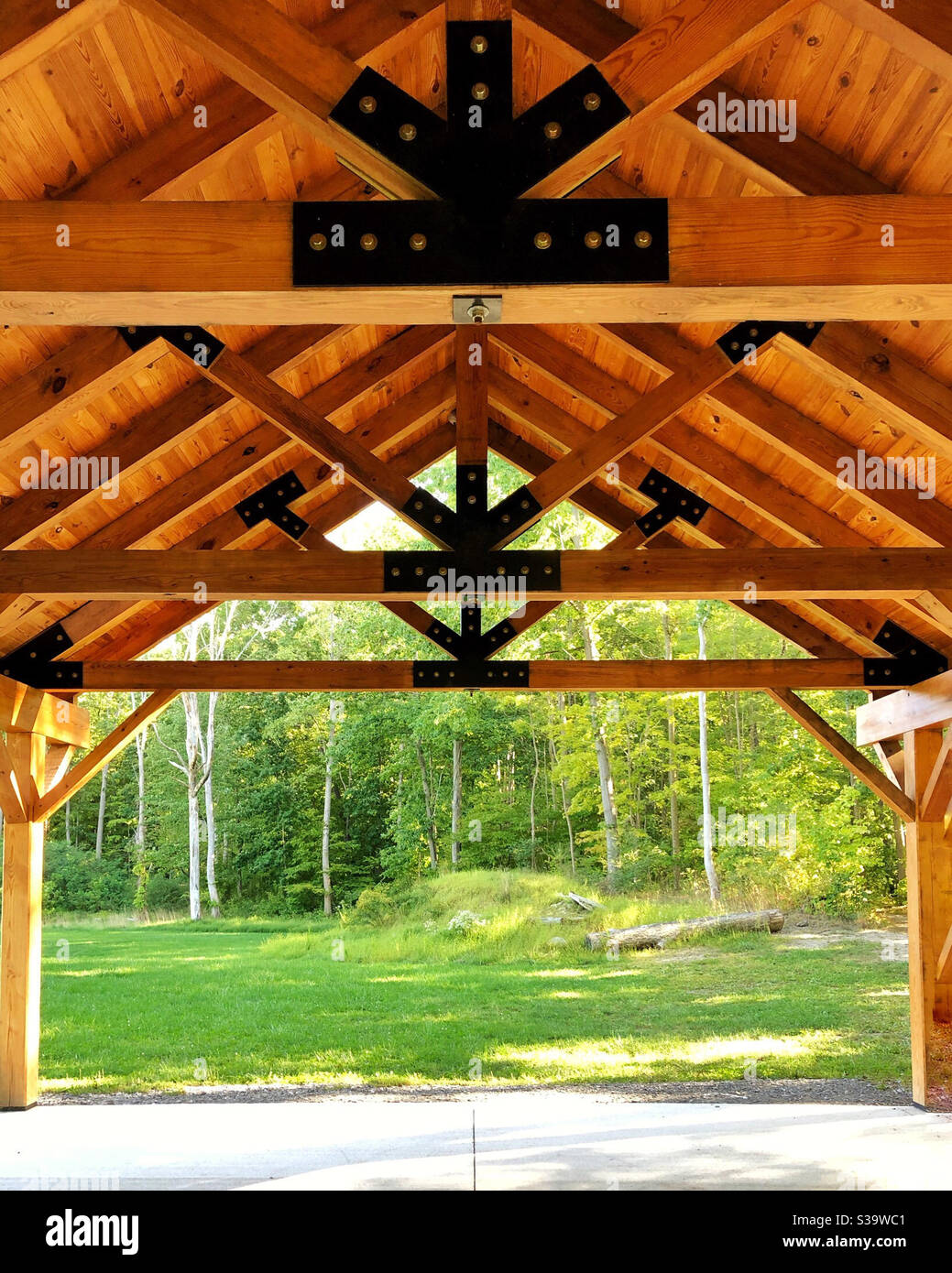 Pavillon im Freien für Veranstaltungen oder Picknick und Zusammenkünfte aus Holz und Balken mit Blick auf grünen Wald - Smartphone-aufgenommenes Stockfoto