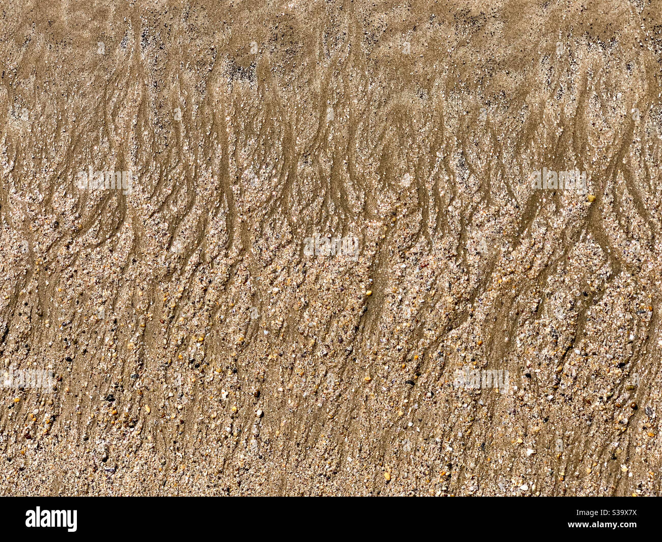 Wasser bildet winzige Rillen, die Muster im Sand bilden Stockfoto