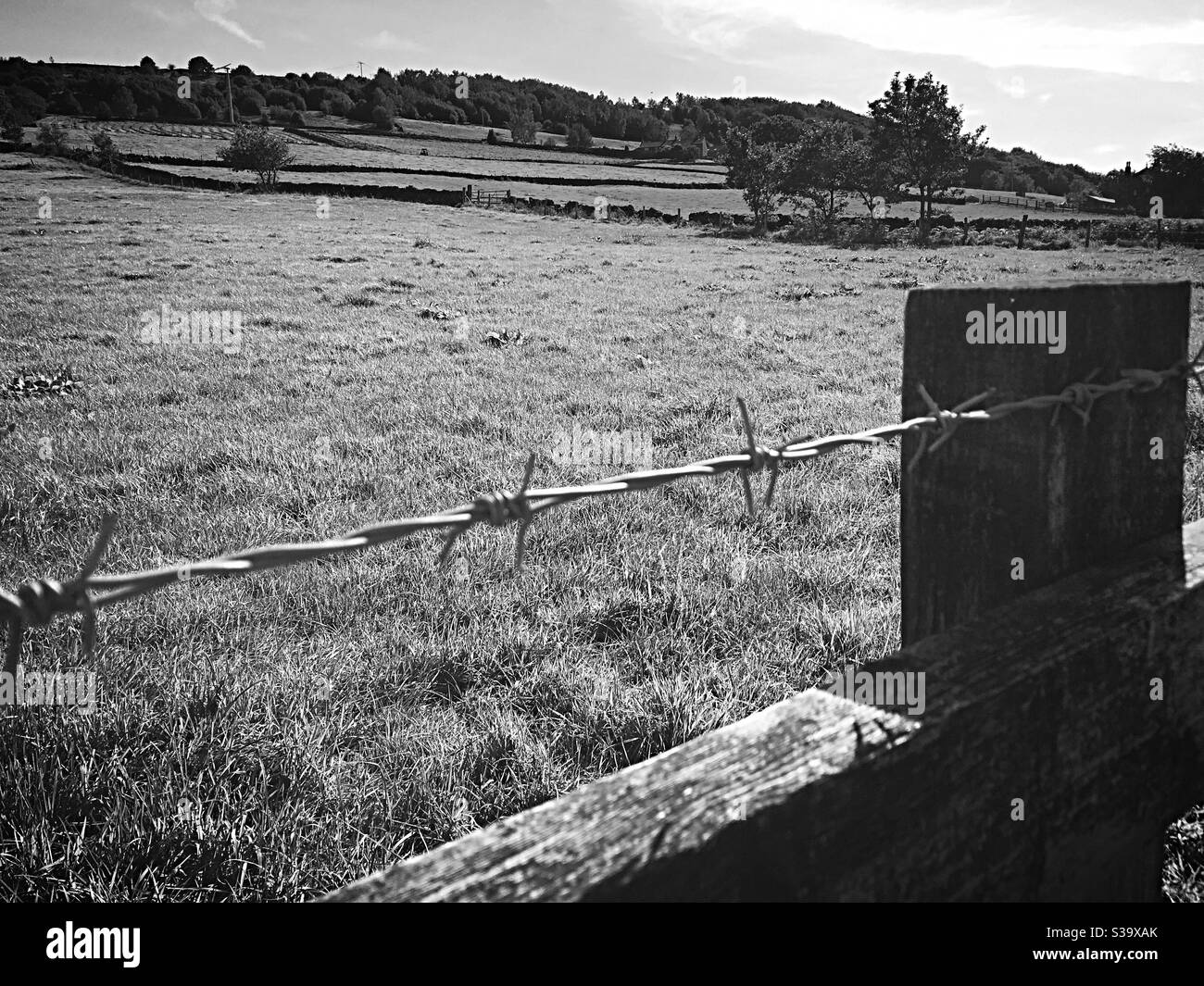 Mit Blick auf einen Zaun mit Stacheldraht auf ein schönes Feld Und Hügel Stockfoto