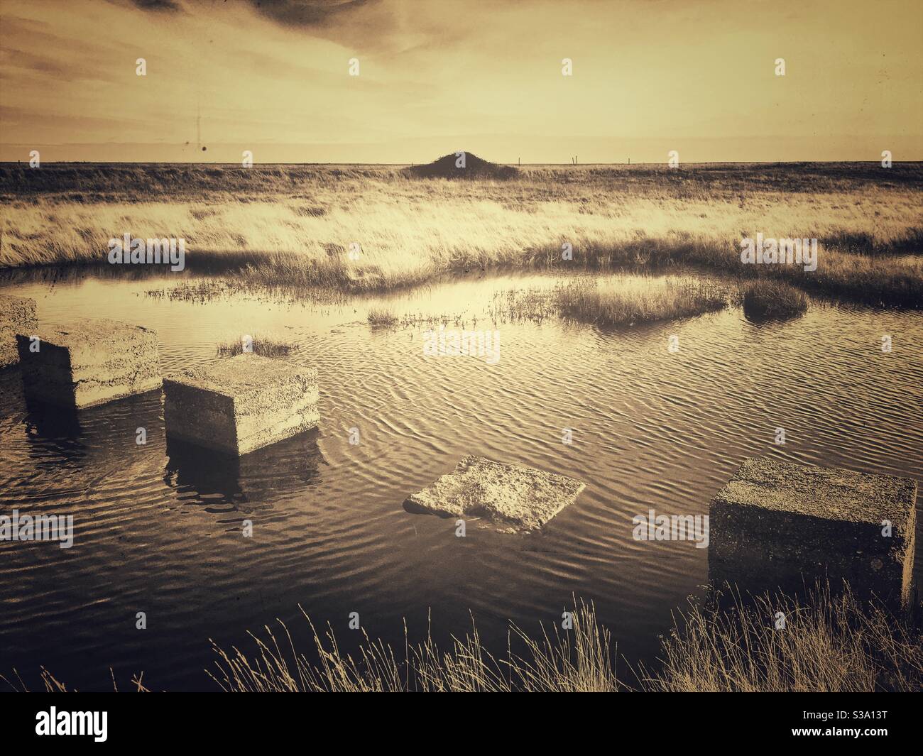 Kriegszeit Anti Invasion Betonblöcke - Smartphone-aufgenommenes Stockfoto