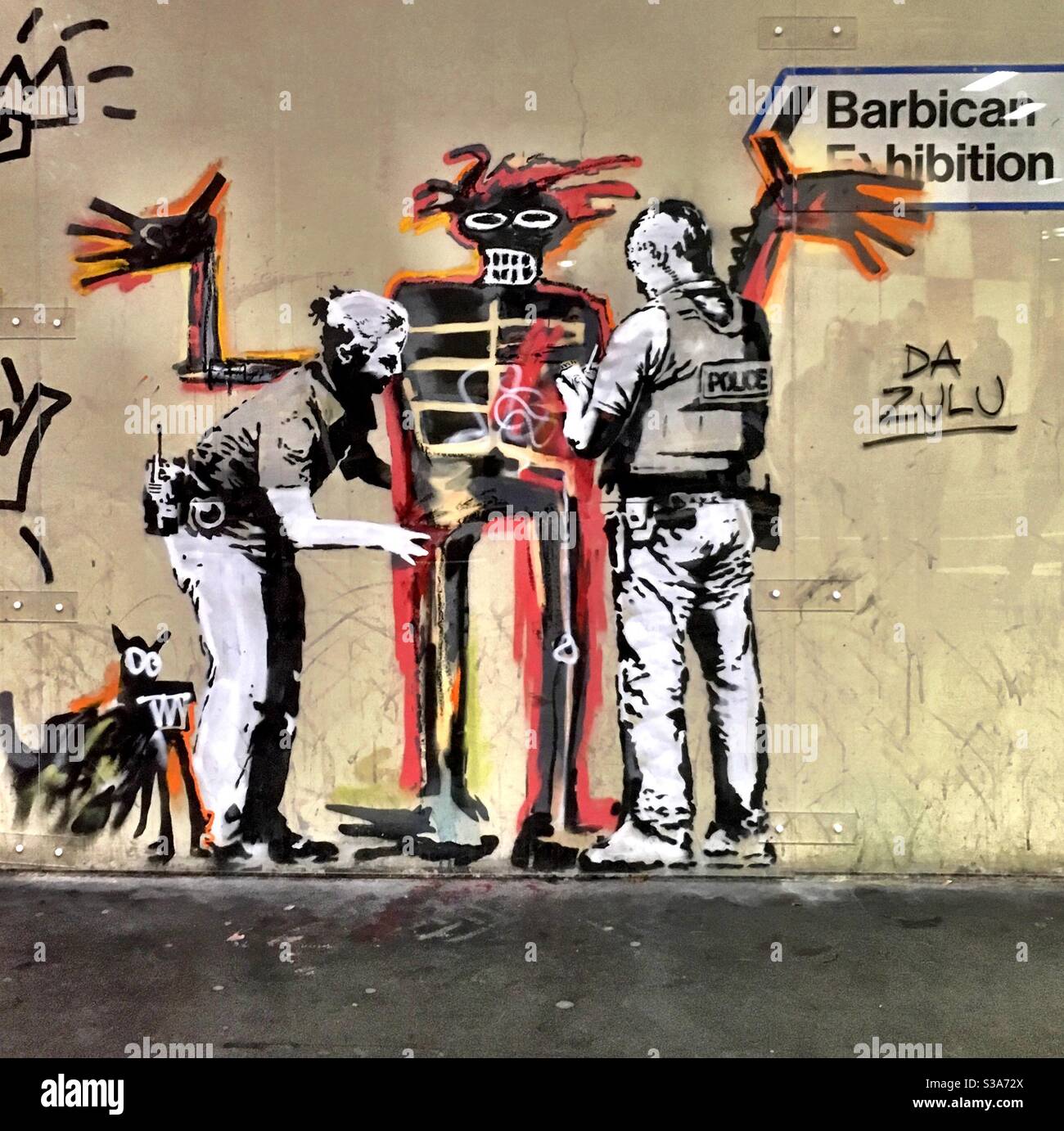 Banksy Street Art Graffiti auf Künstler Basquiat bei Barbican in London Stockfoto