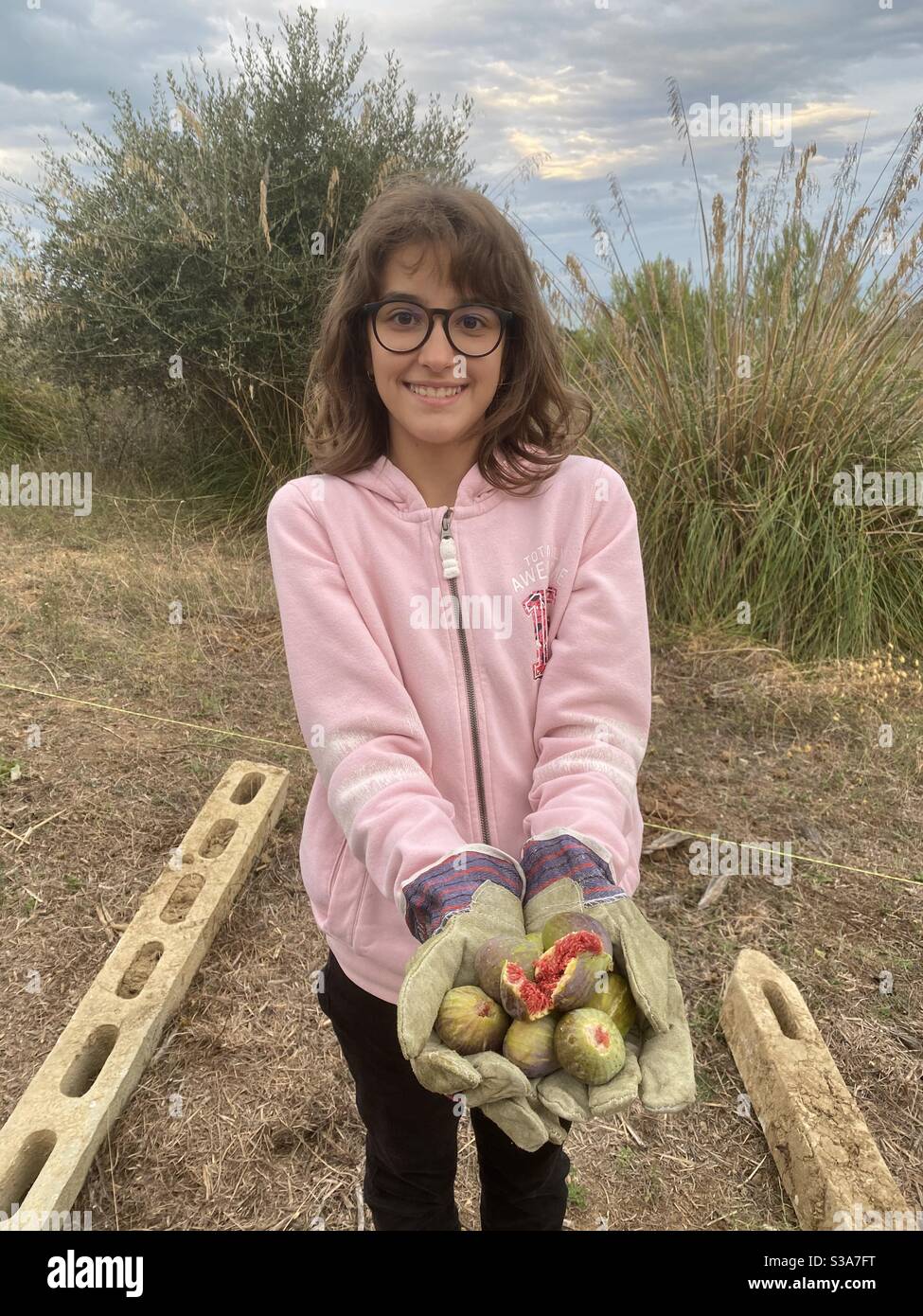 Teen Mädchen zeigt reife Feigen im Land Stockfoto