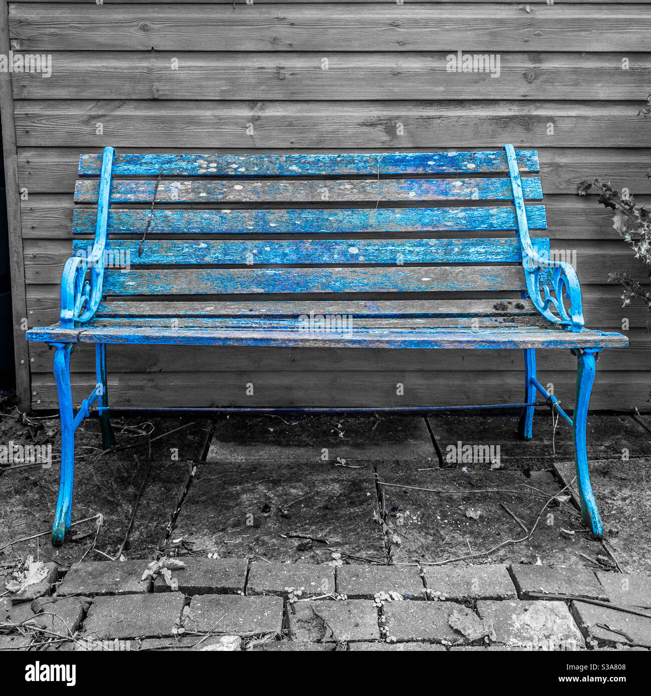 Alte Holz und Gusseisen Gartenbank mit Flocking blau Neben Schuppen malen  Stockfotografie - Alamy