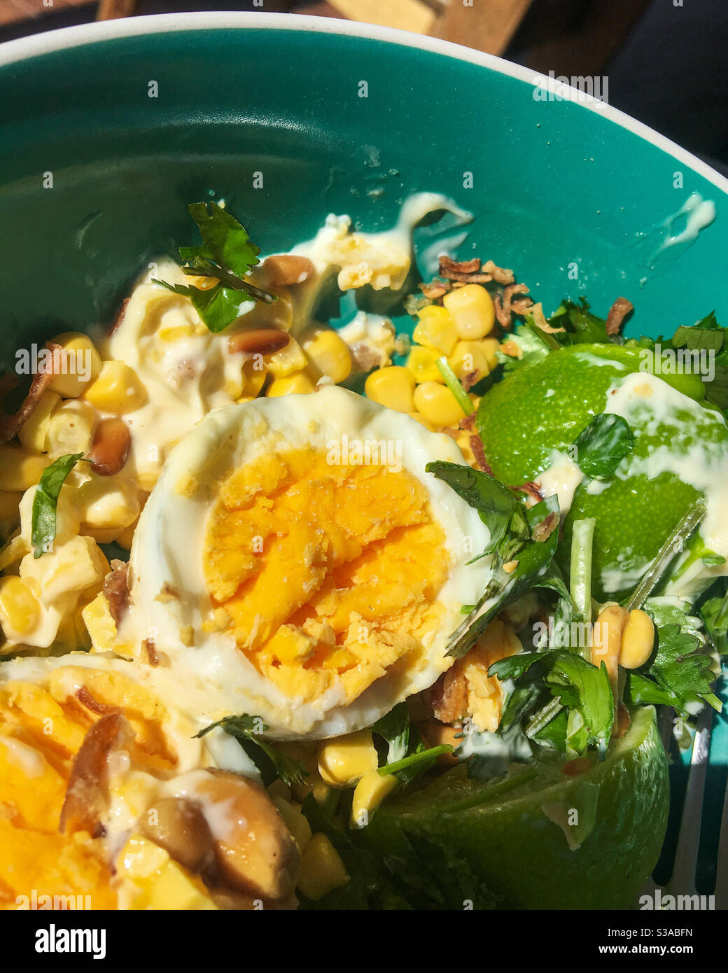 Gutes Essen, Ei und Salat mit Gemüse, gesund essen, Schüssel der Güte Stockfoto