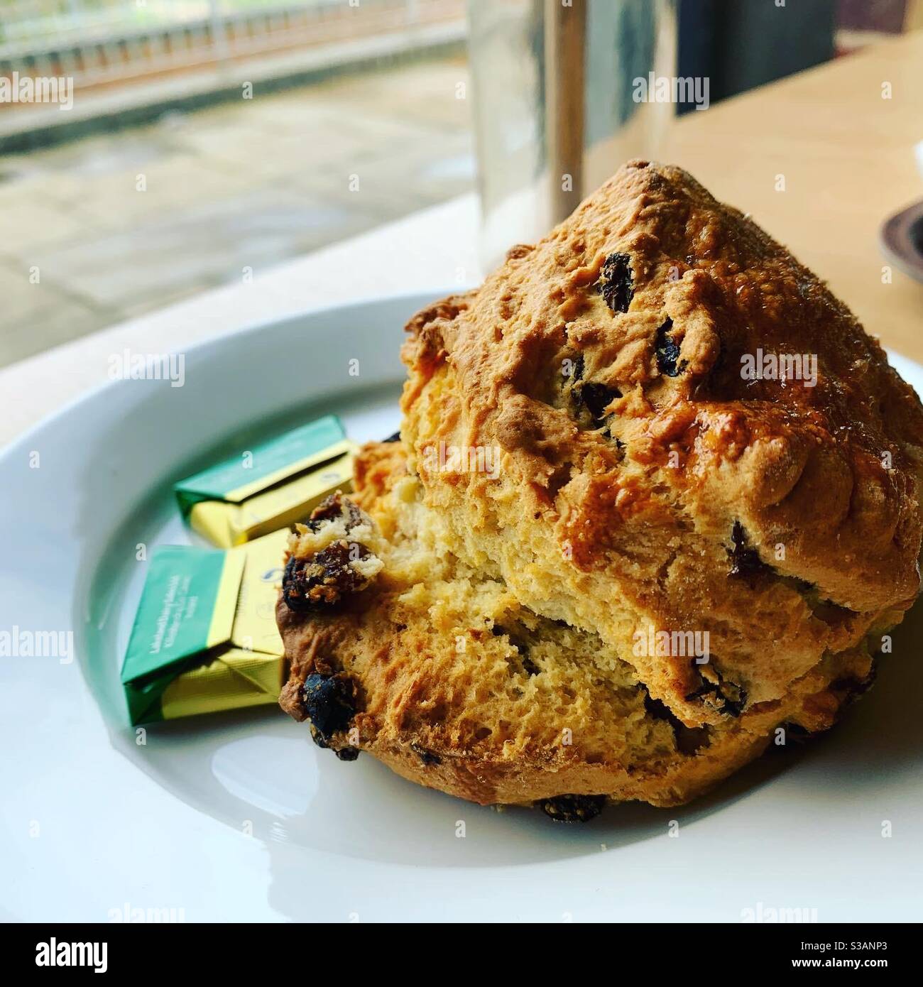 Ein frisch gebackener handgemachter Fruchtscone mit Butter, im Whitlingham Barn Cafe, Norfolk, Großbritannien. Stockfoto