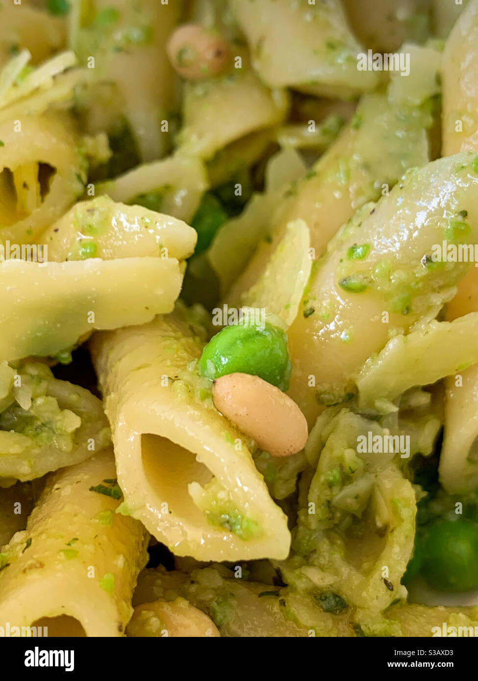 Gutes gesundes Essen Grüne Pesto Penne Pasta mit Erbsen, Parmesan und Pinienkernen, leckeres Abendessen Stockfoto