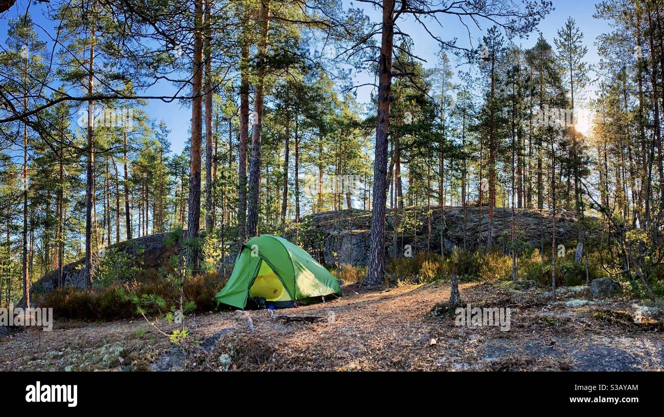 Wildes Campen in einem Zelt im Wald im Repovesi Nationalpark in Finnland  Stockfotografie - Alamy
