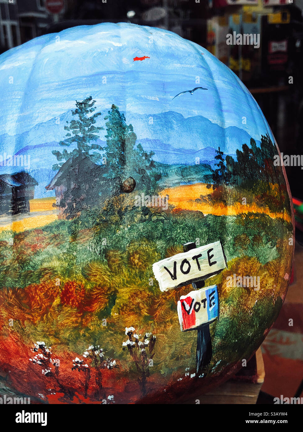 Lackierter Kürbis, der im Schaufenster zur Abstimmung drängt, Couperville, WA, 2020 Stockfoto