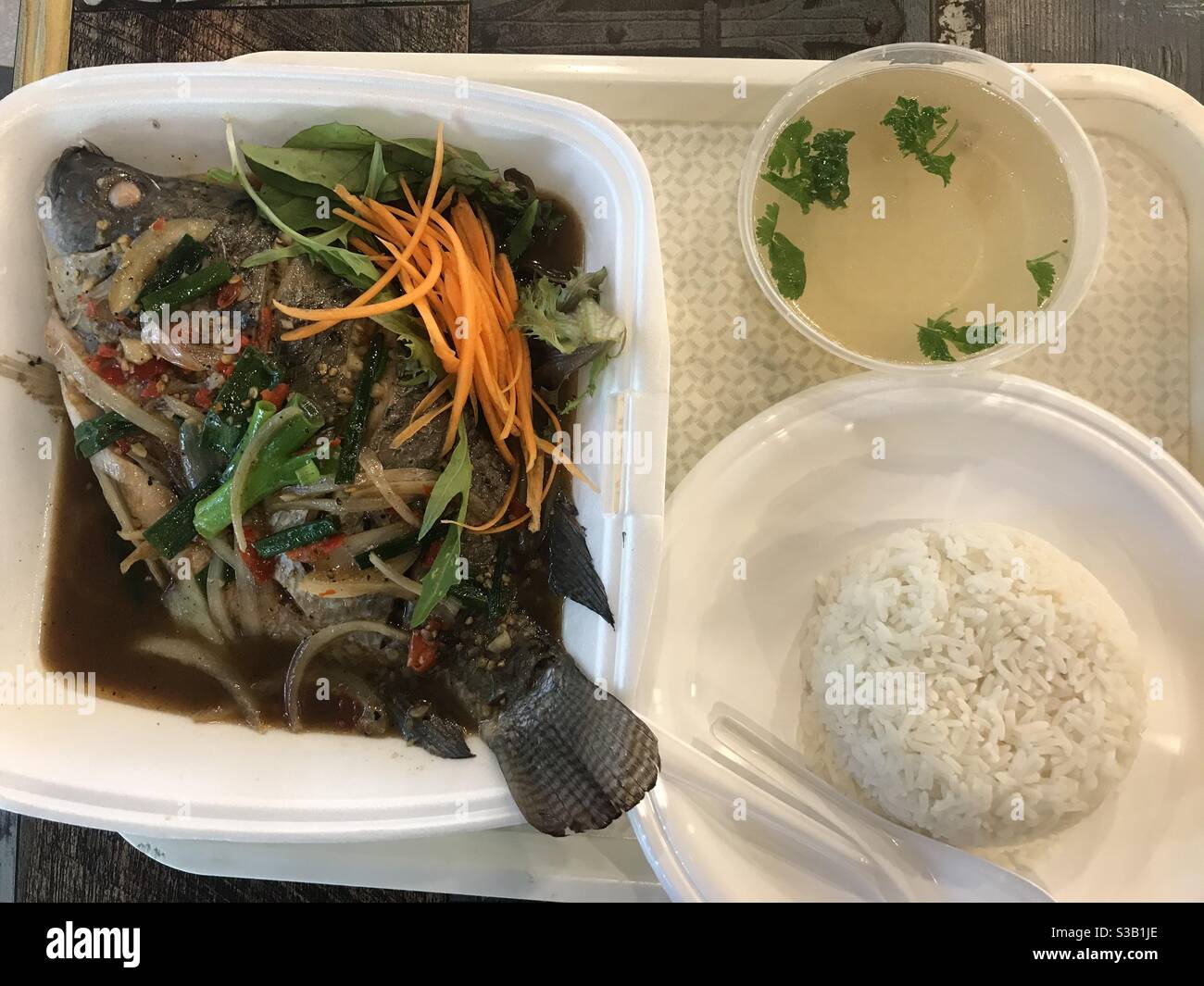 Fisch mit schwarzer Pfeffersauce auf einem Foodcourt in Sydney, Australien - Smartphone-aufgenommenes Stockfoto