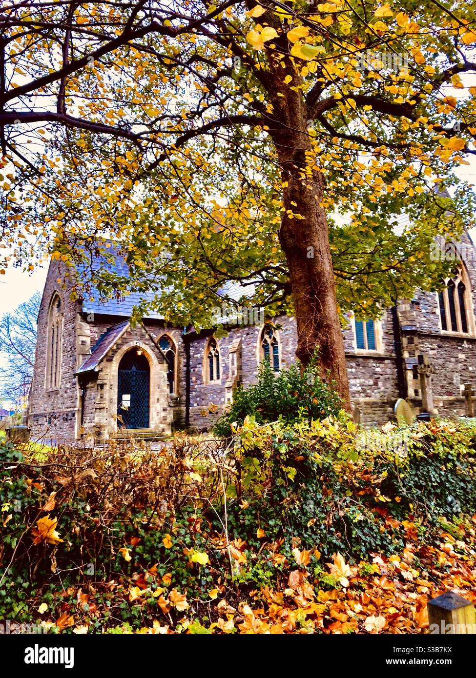 Eine Kirche hinter herbstlichen Büschen und Bäumen Stockfoto