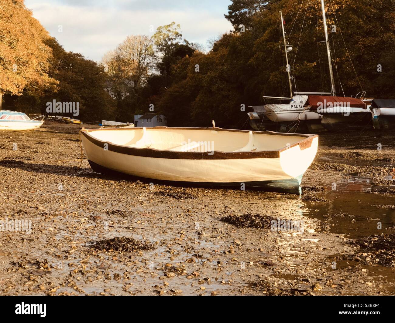 Weißes Holzboot in pill Creek Licht - Smartphone-aufgenommenes Stockfoto