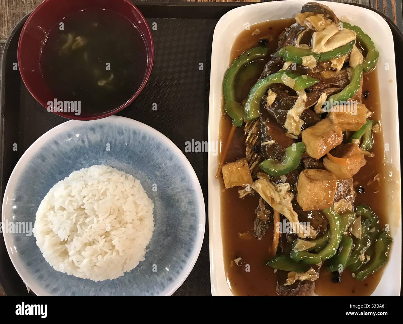 Sojasauce geschmorter Fisch mit bitterem Kürbis und getrockneten Quark-Sticks im Eating World Foodcourt in Chinatown, Sydney, Australien Stockfoto