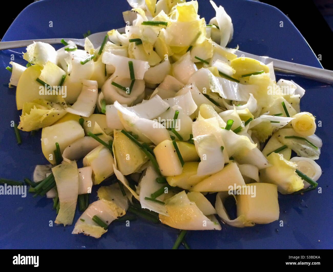 Zichorien-Apfelsalat auf blauem Teller Stockfoto