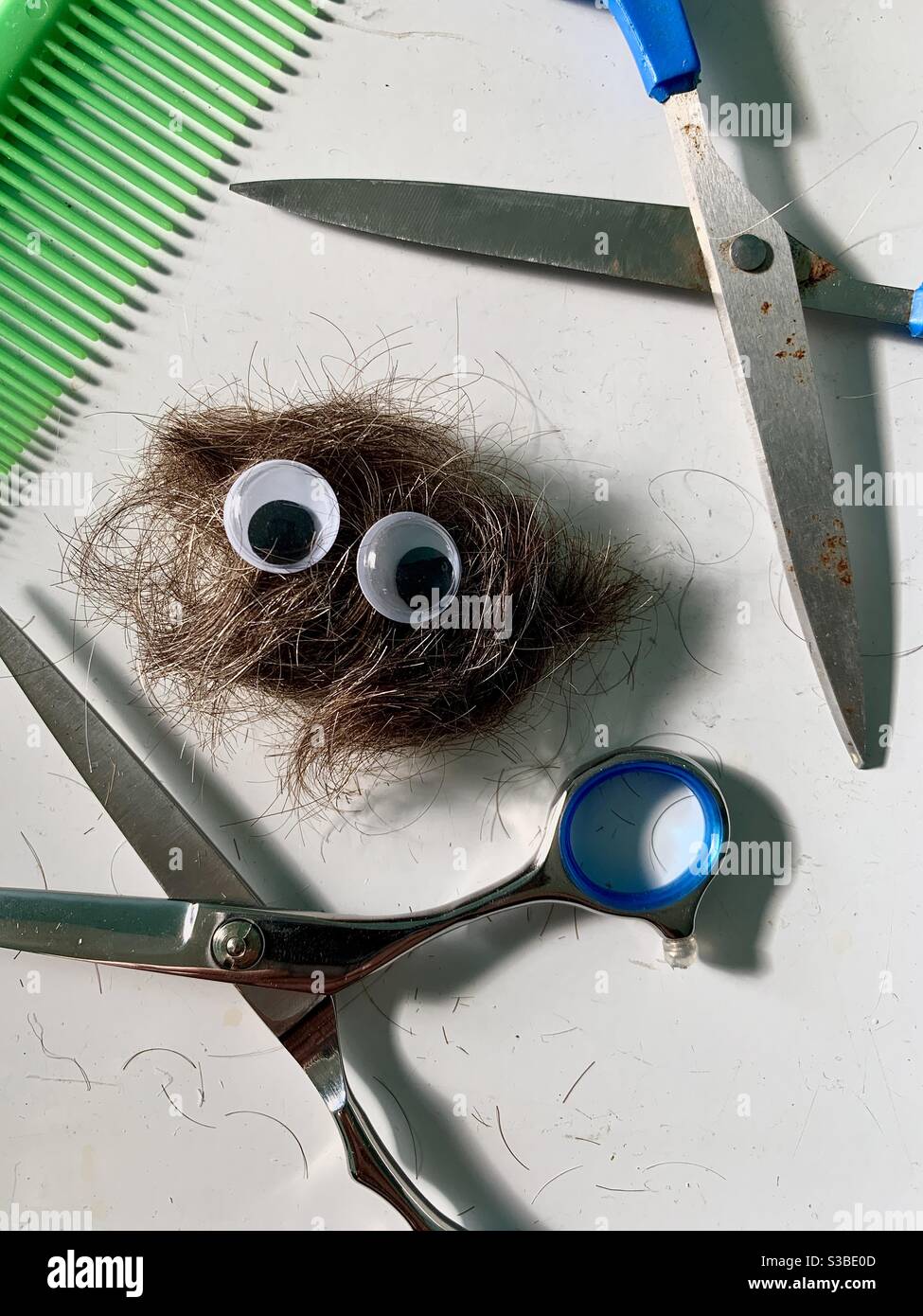 Holiday Craft Projekt Mann Schneiden seine eigenen Haare zu machen Weihnachtsgeschenke (Hinterhaar) Stockfoto