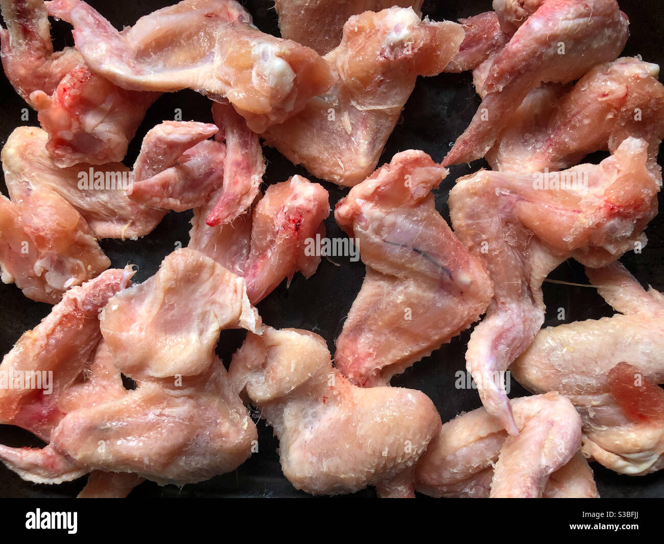 Rohe Hähnchenflügel, die in einem Backblech auftauen Stockfoto