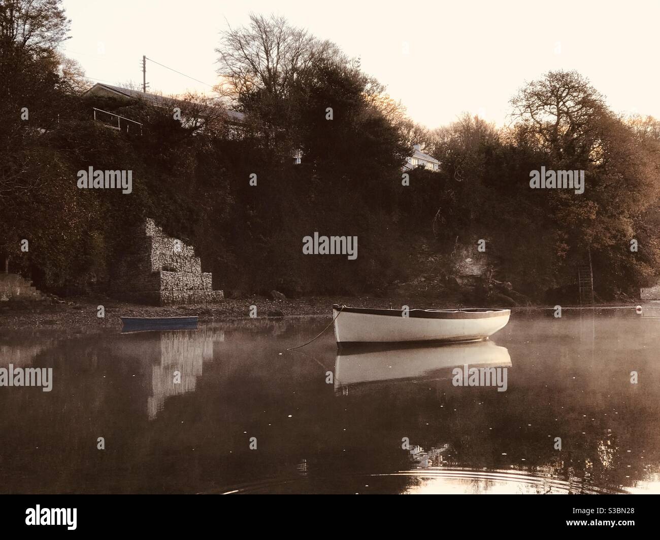 Dinghies im pill Creek Nebel Stockfoto