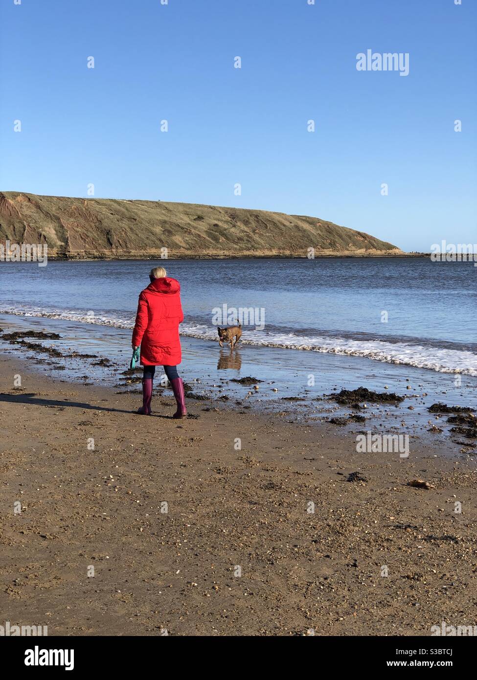 Frau und Hund zu Fuß entlang des Strandes auf einem sonnigen Wintertag - Smartphone-aufgenommenes Stockfoto