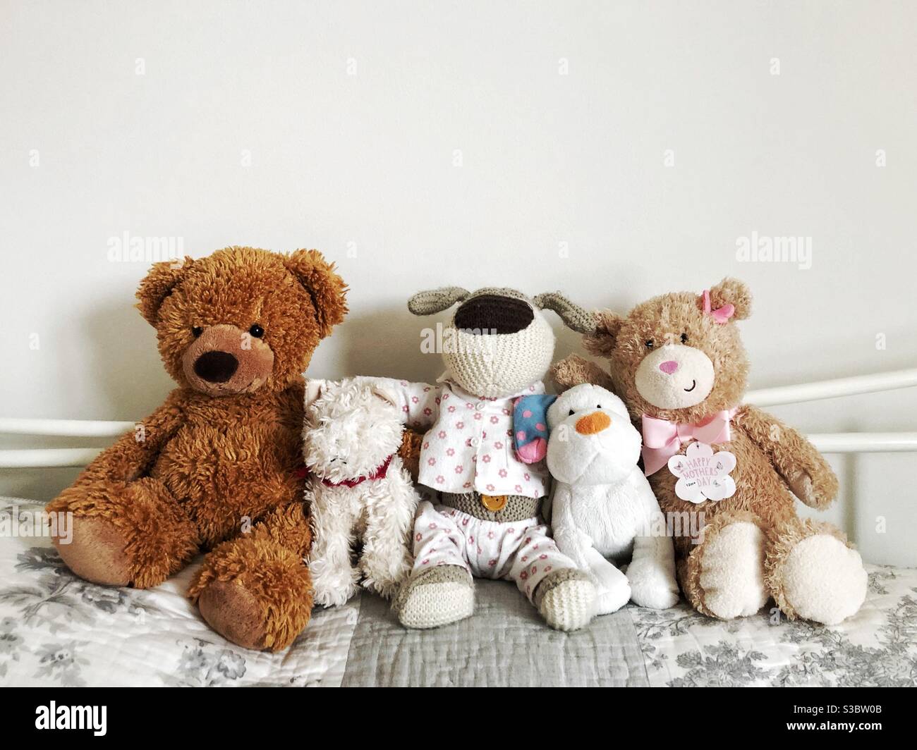 Eine Reihe oder Sammlung von niedlichen Teddybären sitzen auf Ein neutrales Bett Stockfoto