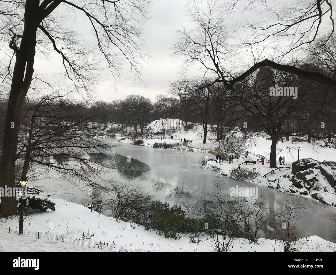 Der Central Park von New York City ist während der Wintersaison am 20. Dezember 2020 schneebedeckt. Stockfoto