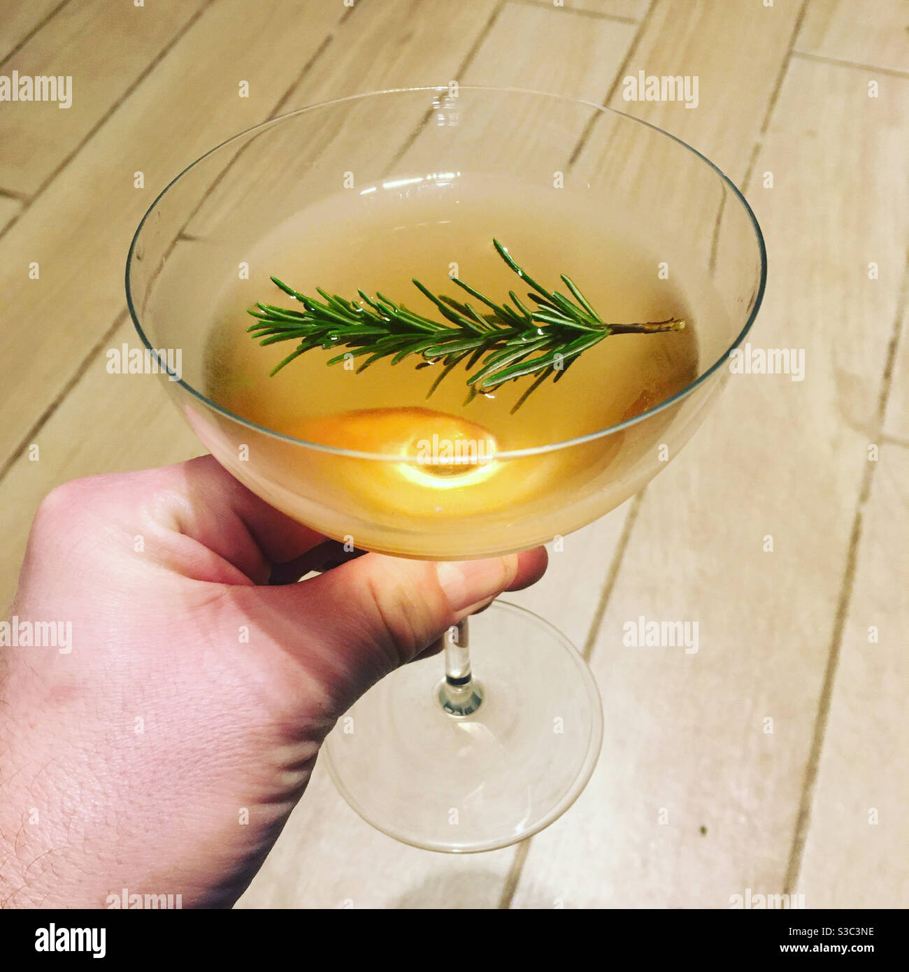 Weihnachts-Martini-Cocktail mit Wodka, chambord und Creme de cacao Blanc mit einem Zweig Rosmarin. Stockfoto