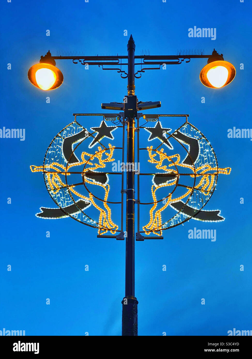 Weihnachtsbeleuchtung auf einer High Street in England. Ein Rentier springt durch die Luft - alles beleuchtet in Weihnachtslichtern. Es ist blaue Stunde, so dass die Farben gut aussehen! Bildnachweis - ©️ COLIN HOSKINS. Stockfoto