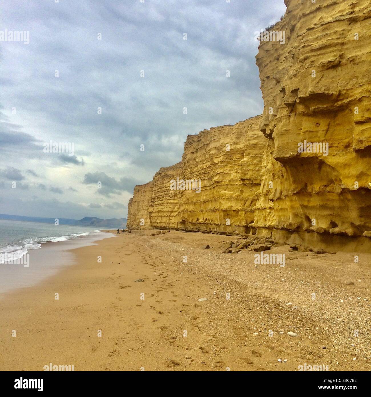Fossil reicher Hive Beach an der Jurassic Coast in Dorset. Krümelig gelbe ockerfarbene Klippen und Kieselsteine, von den sanften Wellen gewaschen. Stockfoto
