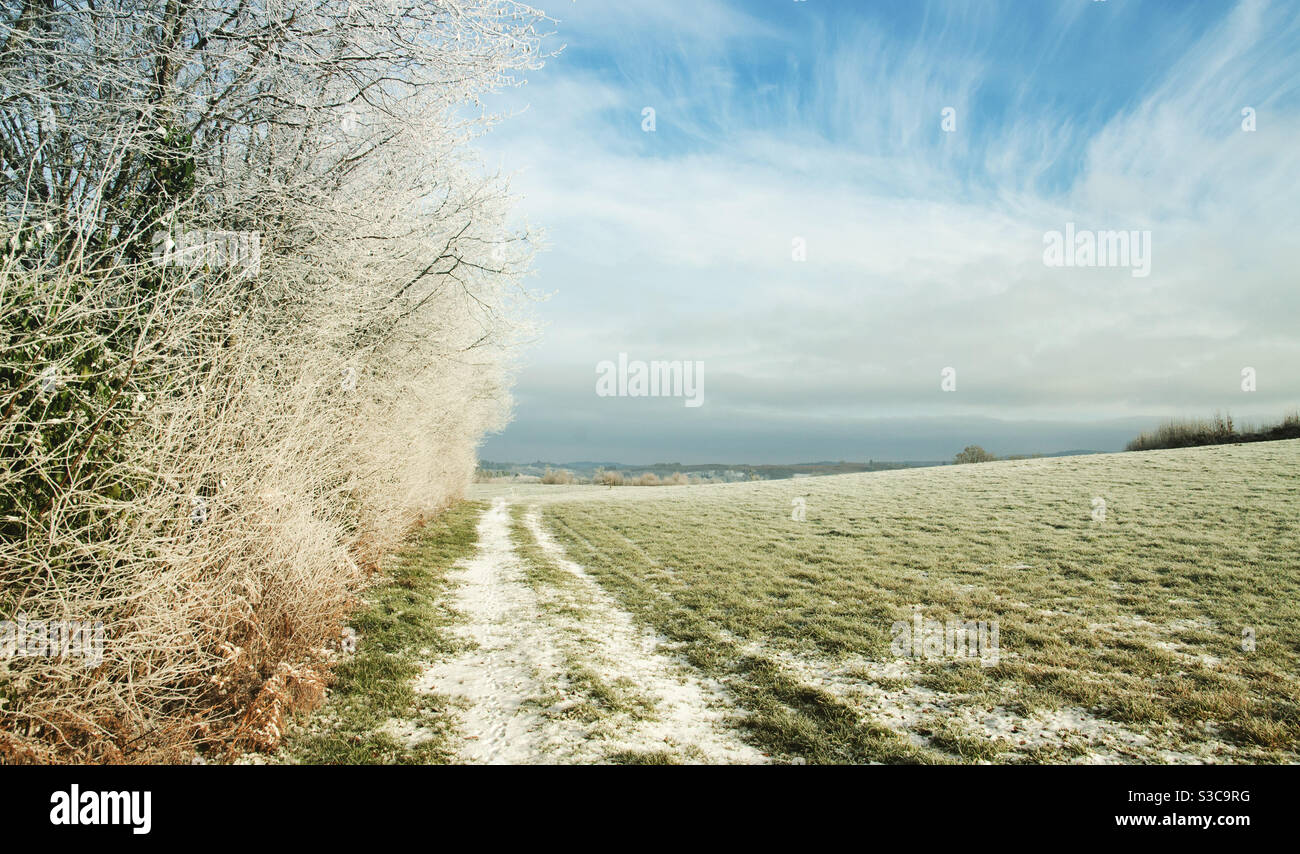 Eine Winterlandschaft in der hügeligen Region Limousin, Frankreich - Smartphone-aufgenommenes Stockfoto