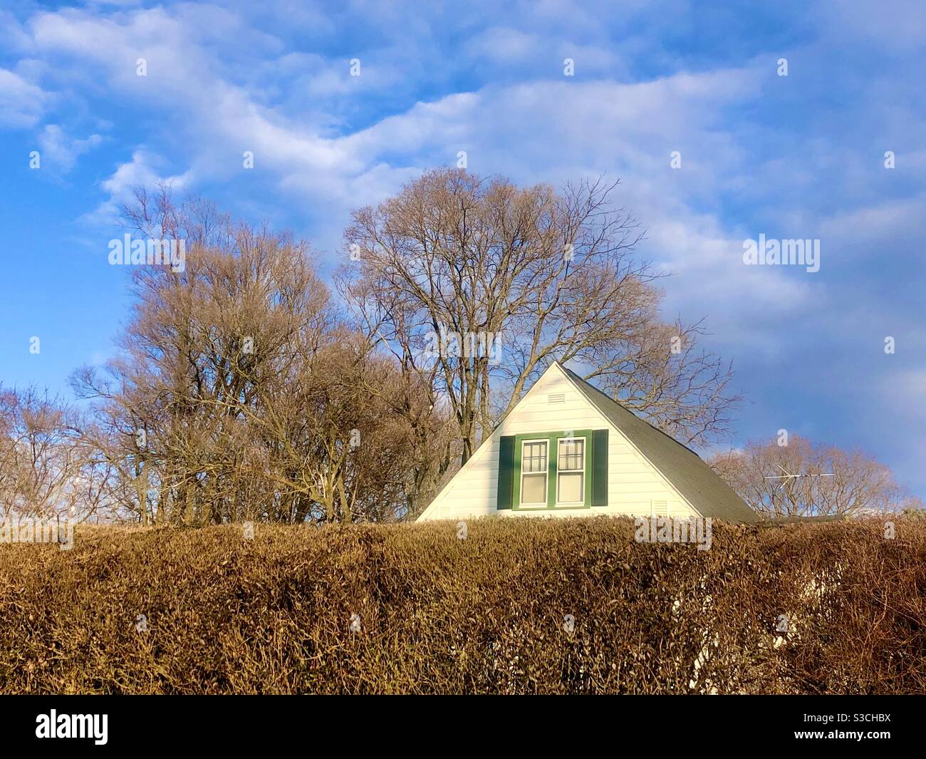 Haus hinter der Hecke - Smartphone-aufgenommenes Stockfoto